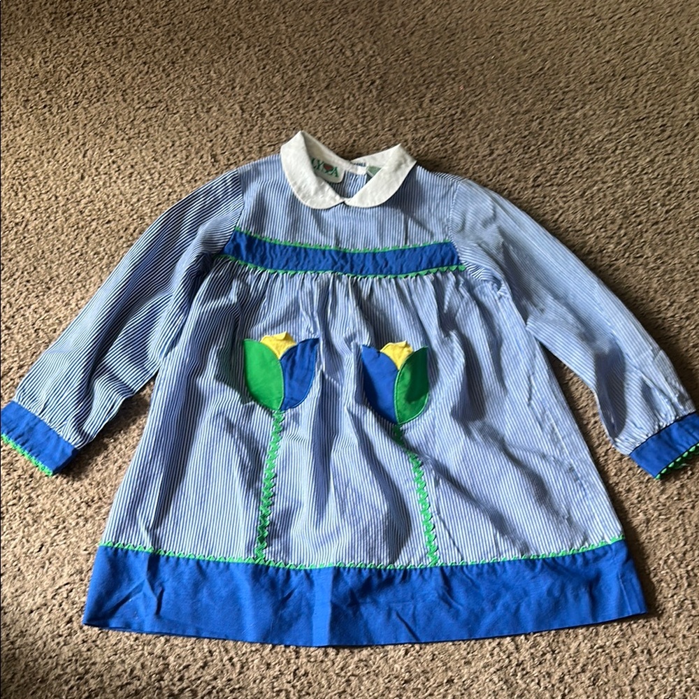 Vintage Striped Blue Dress with Tulip Design